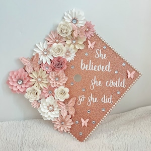 Rose Gold/Pink Graduation Cap Topper | Paper Flowers | Paper Butterflies | Graduation |