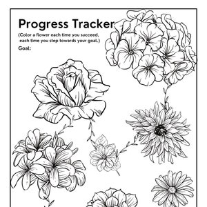 Puede incluir: Un rastreador de progreso imprimible en blanco y negro con un tema floral. El rastreador presenta una variedad de flores, incluyendo rosas, margaritas y lirios. El texto "Progress Tracker" está en la parte superior de la página, seguido de las instrucciones "(Color a flower each time you succeed, each time you step towards your goal.)" y "Goal:". La parte inferior de la página incluye la dirección del sitio web "www.anxietymedic.info".