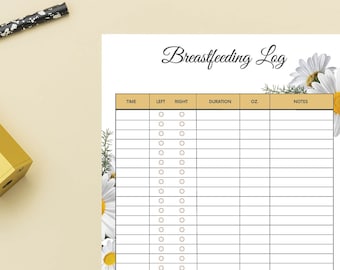 Könnte beinhalten: Ein druckbarer Still-Tagebuch mit einem floralen Design mit weißen Gänseblümchen und grünen Blättern. Das Tagebuch enthält Spalten für Zeit, linke Brust, rechte Brust, Dauer, Unzen und Notizen.