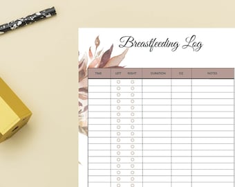 Könnte beinhalten: Ein druckbares Stilltagebuch mit floralem Design. Das Tagebuch enthält Spalten für Zeit, linke Brust, rechte Brust, Dauer, Unzen und Notizen.