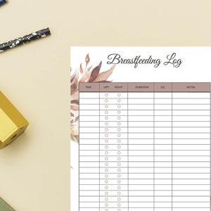 Baby Feeding Schedule | Printable baby feeding log | Breastfeeding tracker with Simple leaves design| Blank reprintable download | A4