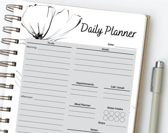 Druckbarer Tagesplaner | Tägliche To Do Liste | Druckbarer Produktivitäts-Tagesplaner | Schwarz-Weiß-Blumen | 8,5 x 11 Digital Download