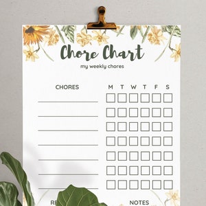 Chore Chart | Printable Family Chore Chart| Blank weekly Family Chore Chart | Elegant Multi color wildflowers Design with Sunflowers