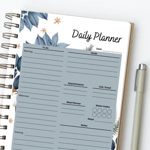 Printable Daily Planner | Daily to do list | Printable Productivity Day Planner | Blue Floral leaves desgin | 8.5 x 11 Digital Download
