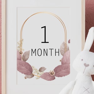 Cartes d’étape pour bébé | DIY Téléchargement numérique Accessoires photo d’étape mensuelle | Conception élégante de feuilles de boho rose | 12 cartes mensuelles