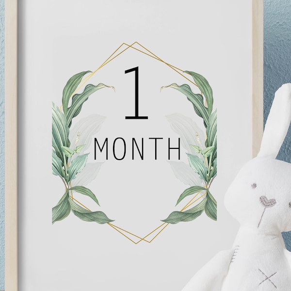 Baby Milestone Cards |DIY Digital Download Monthly Milestone Photo Props | Elegant Green leaves| Unisex boho Green leaves |12 monthly Cards