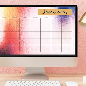 Printable Calendar | blank |12 month | 8.5 x 14 | Legal |abstract colorful watercolor design  |paint splash art | year round Sunday Start