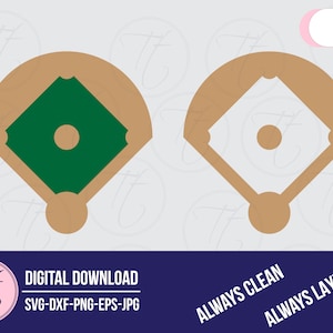 Puede incluir: Dos diseños de campo de béisbol, uno con un cuadro interior verde y otro con un cuadro interior blanco. Ambos diseños son marrones y tienen una parte superior redondeada. El texto "10 Archivos", "DESCARGA DIGITAL", "SVG-DXF-PNG-EPS-JPG", "SIEMPRE LIMPIO" y "SIEMPRE CAPAS" es visible.