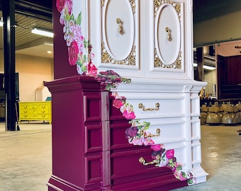 SOLD! Soft pink Armoire Dresser Wardrobe Vintage Antique Art Painting solid wood credenza gold console buffet sideboard French customizable