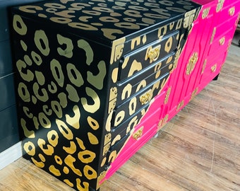 SOLD! Dresser| Tv Console| Credenza| Pink| Gold| Wood| Storage| leopard
