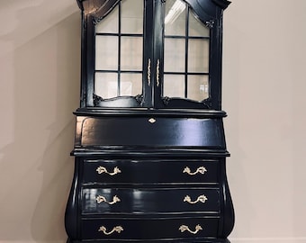 Available!  French Provincial Black and cream curio cabinet accent desk display cabinet gold solid wood antique hardware color  customizable