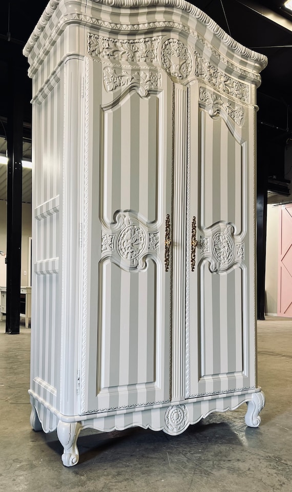 Available Huge Armoire Wardrobe Storage Closet hanging armoire striped solid wood vintage French Provincial bedroom living room cabinet