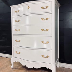 Available! French Provincial dresser chest of drawers console accent piece vintage white and gold solid wood 5 drawer customizable color