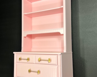 Available! Light Pink Dresser with hutch bamboo inspired with optional 3 drawers adjustable shelves solid wood color is customizable