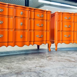 Available! French Provincial Hermes orange Dresser 9 drawer wood tv console credenza dresser  dresser vintage dresser color customizable
