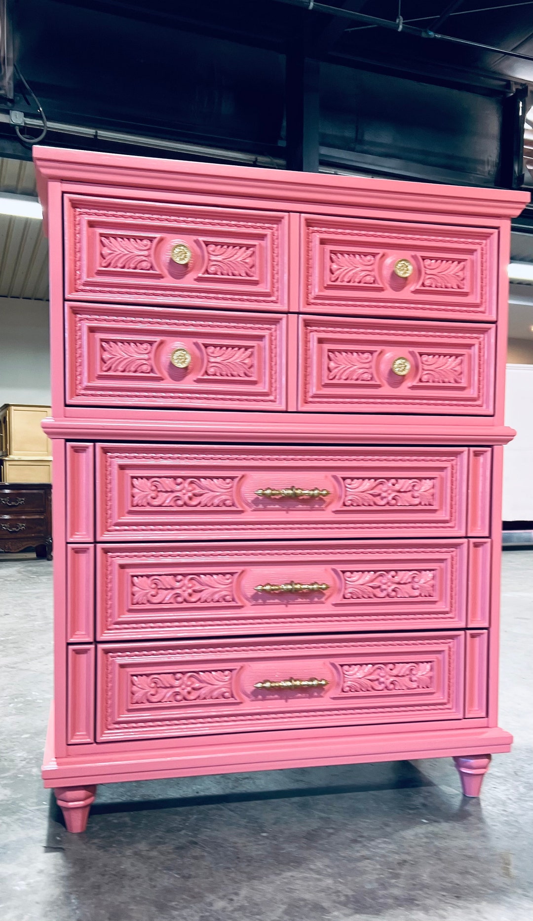 Available Dusty Pink Ornate Dresser Chest Console Credenza 5 Drawer Solid Wood Nursery Dresser