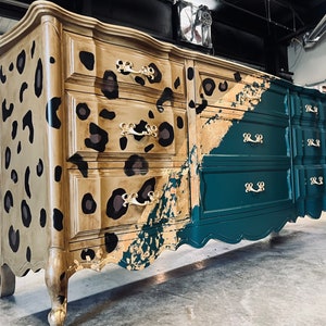 SOLD! French Provincial Custom dresser console created buffet sideboard leopard cheetah 9 drawer vintage 6 drawer wood dresser customizable