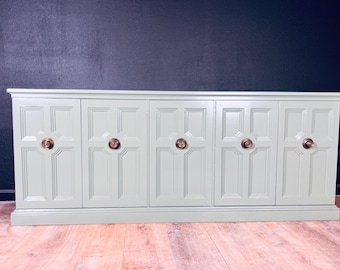 Available! Long Sage green Henredon buffet cabinet credenza console sideboard Dinning room brass hardware color  customizable