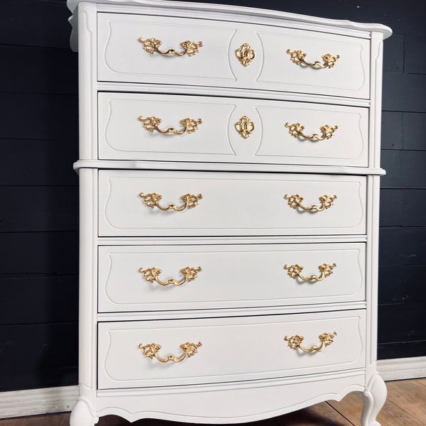 Available! Beautiful white French Provincial Dresser with bold gold hardware 5 drawer chest of drawers tall dresser customizable color