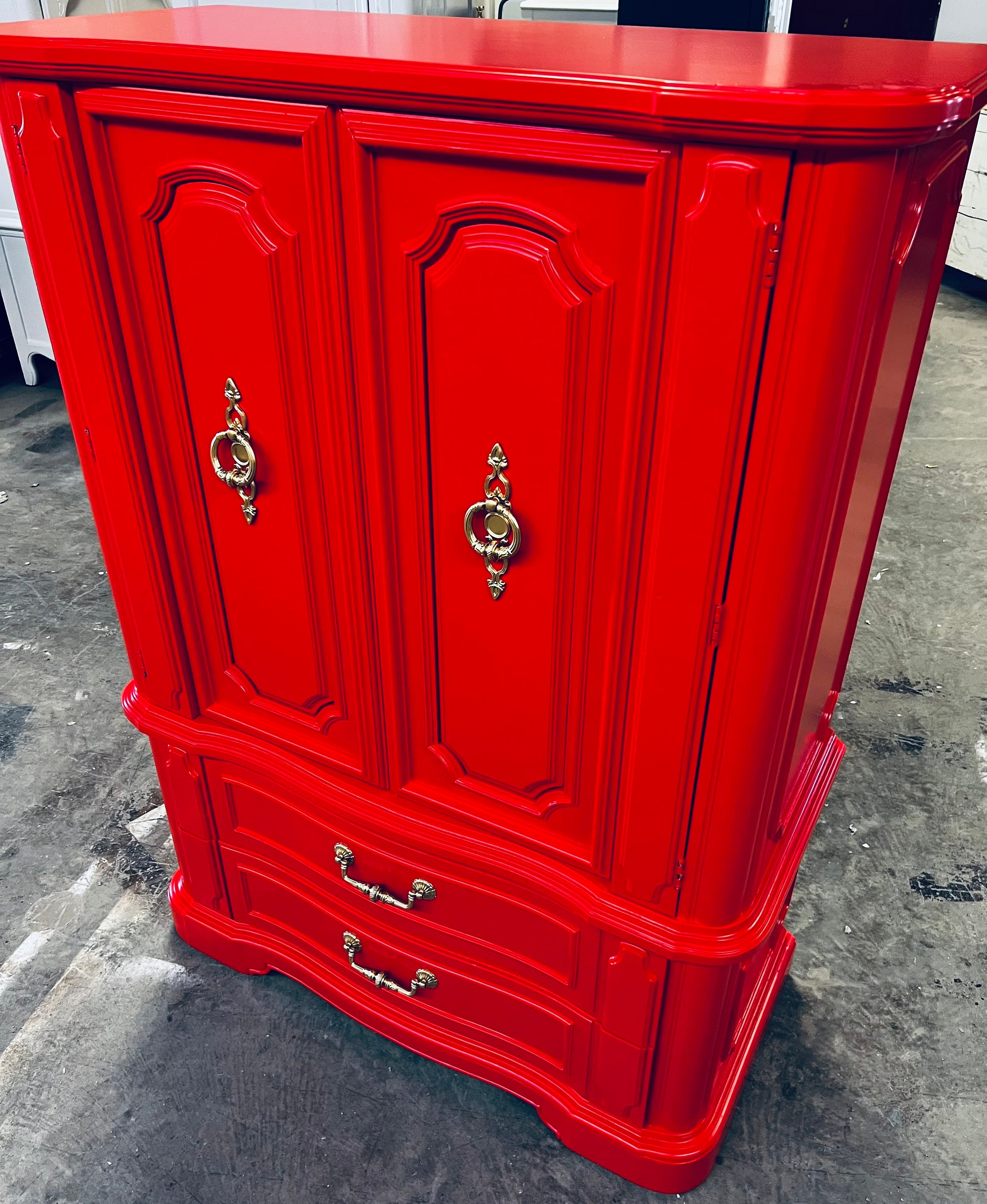 SOLD Bright Red Armoire Dresser Console Storage Cabinet Wood