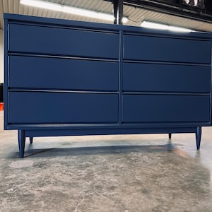 Available! Navy mid century modern dresser blue console Credenza mcm 6 drawer 9 drawer nursery vintage modern furniture customizable color