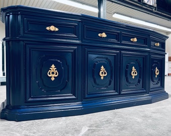 Available! Large Navy Blue Buffet Console  Credenza sideboard gold hardware dining room living room China cabinet wood customizable color