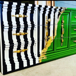 SOLD! Dresser| Abstract| modern dresser| console| stripes| gold| credenza| wood