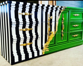 SOLD! Dresser| Abstract| modern dresser| console| stripes| gold| credenza| wood