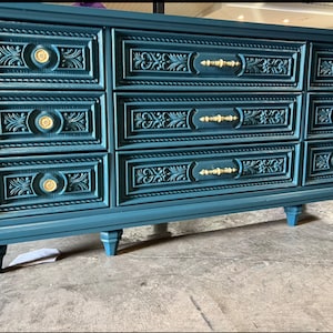 SOLD! Gorgeous Dresser Console credenza sideboard teal blue green ornate solid wood