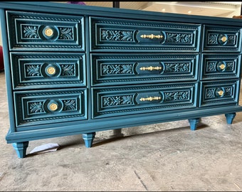 SOLD! Gorgeous Dresser Console credenza sideboard teal blue green ornate solid wood