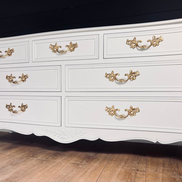 Available! Large White Dresser French Provincial 7 drawer dresser solid wood tv console change table for nursery gold hardware customizable