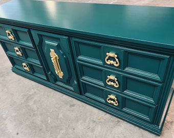 SOLD! Emerald Green Dresser| Credenza| Tv Console| media center| bedroom furniture| antique| vintage wood furniture| customizable color