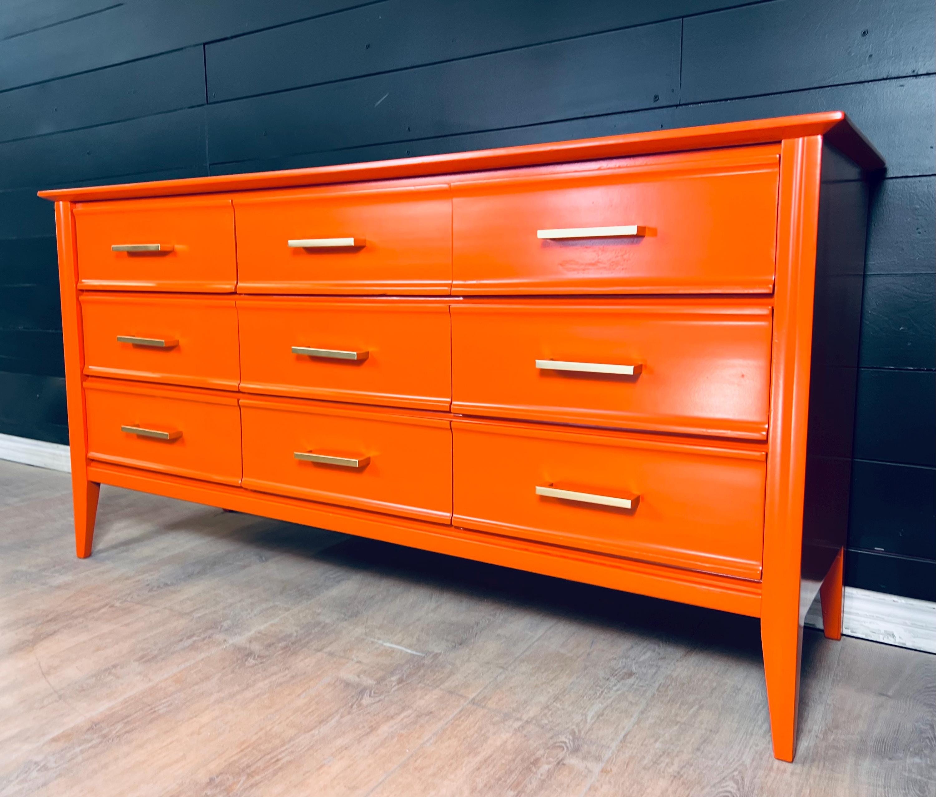 Available! Mid Century Dresser 9 Drawer Solid Wood Hermes Orange