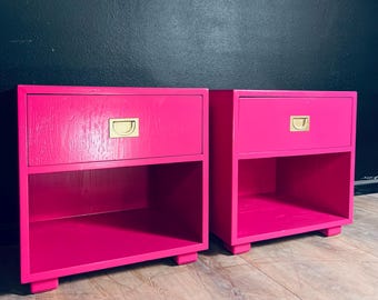 Available! Henredon Campaign Nightstand set in hot pink bedroom set solid wood pair end tables accent sidetables customizable color