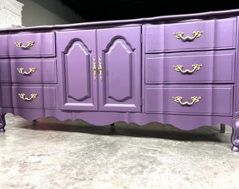 Available! Dresser| console| metallic purple| lavender dresser| French Provincial | credenza| boho| wood| 9 drawer| living room | nursery|