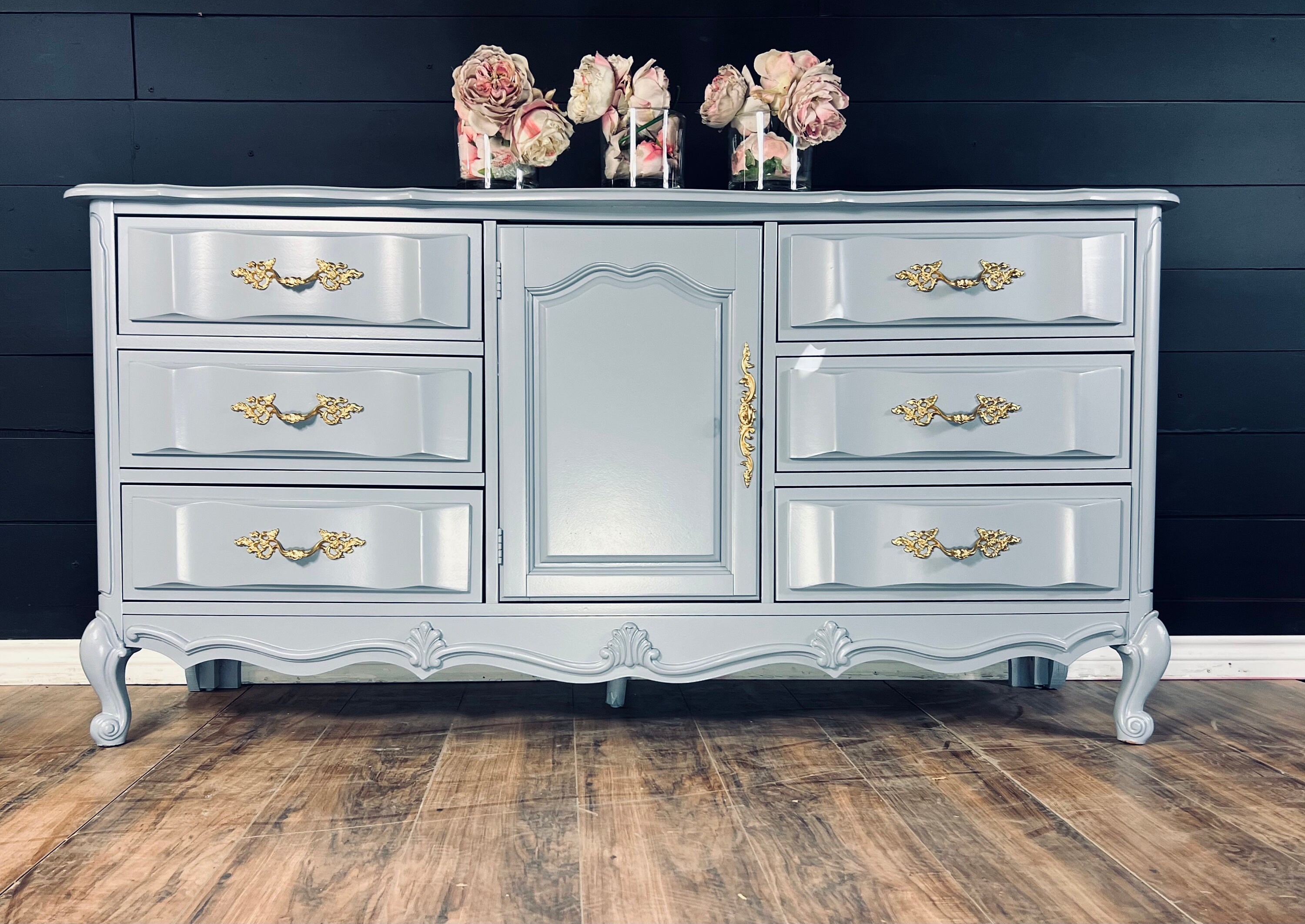 SOLD French Provincial Dresser | 9-drawer Gray Console, Gold Hardware - Etsy