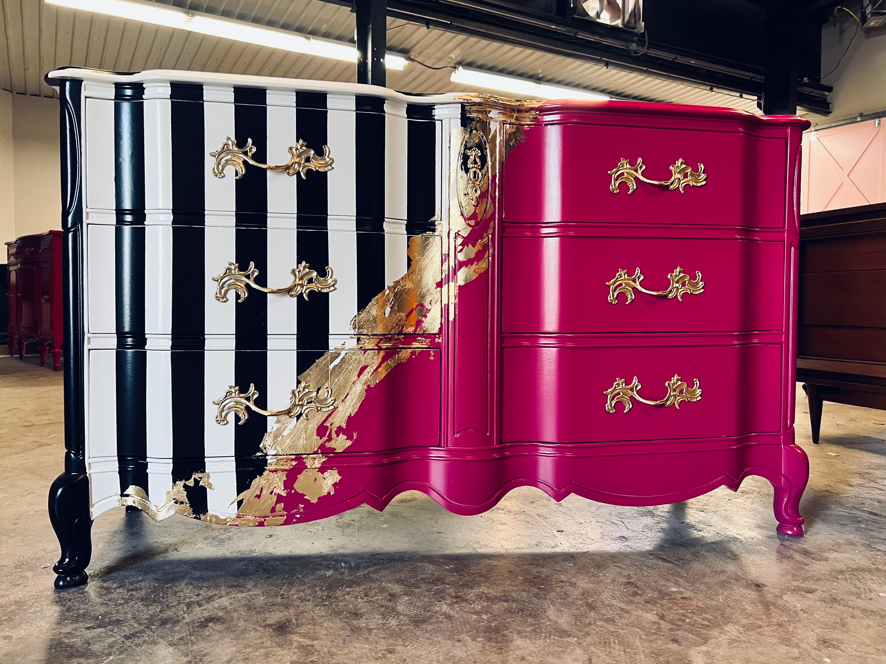 Dresser Credenza Tv Console Pink French Provincial Stripes Custom Furniture Hand Painted Lacquer Nursery Bedroom Storage Closet Antique Etsy