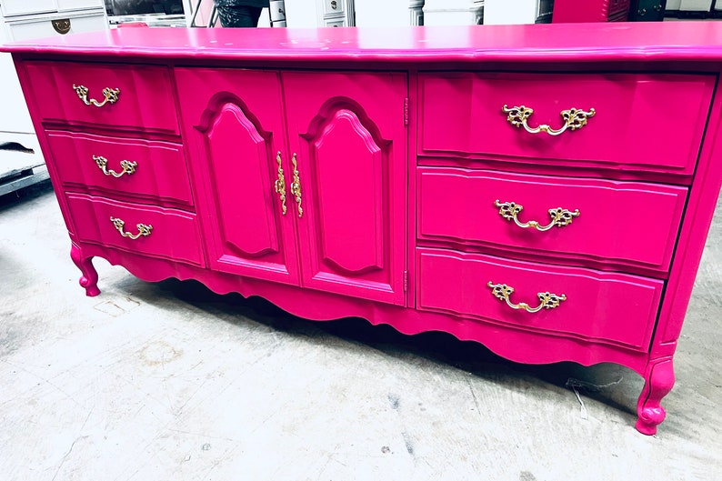 Available! Dresser| TV console| credenza| French Provincial| 9 drawer| hot pink| bright pink| wood| customizable 