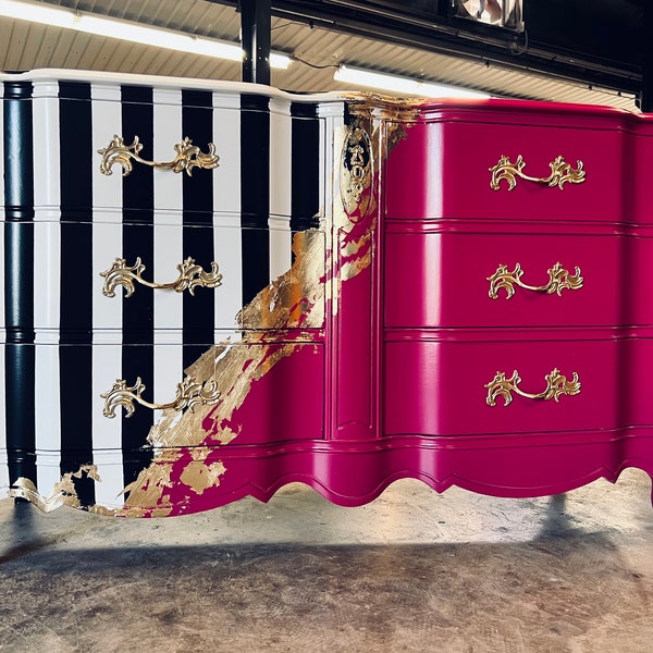 Dresser Credenza tv console pink French Provincial stripes custom furniture hand painted lacquer nursery bedroom storage closet antique