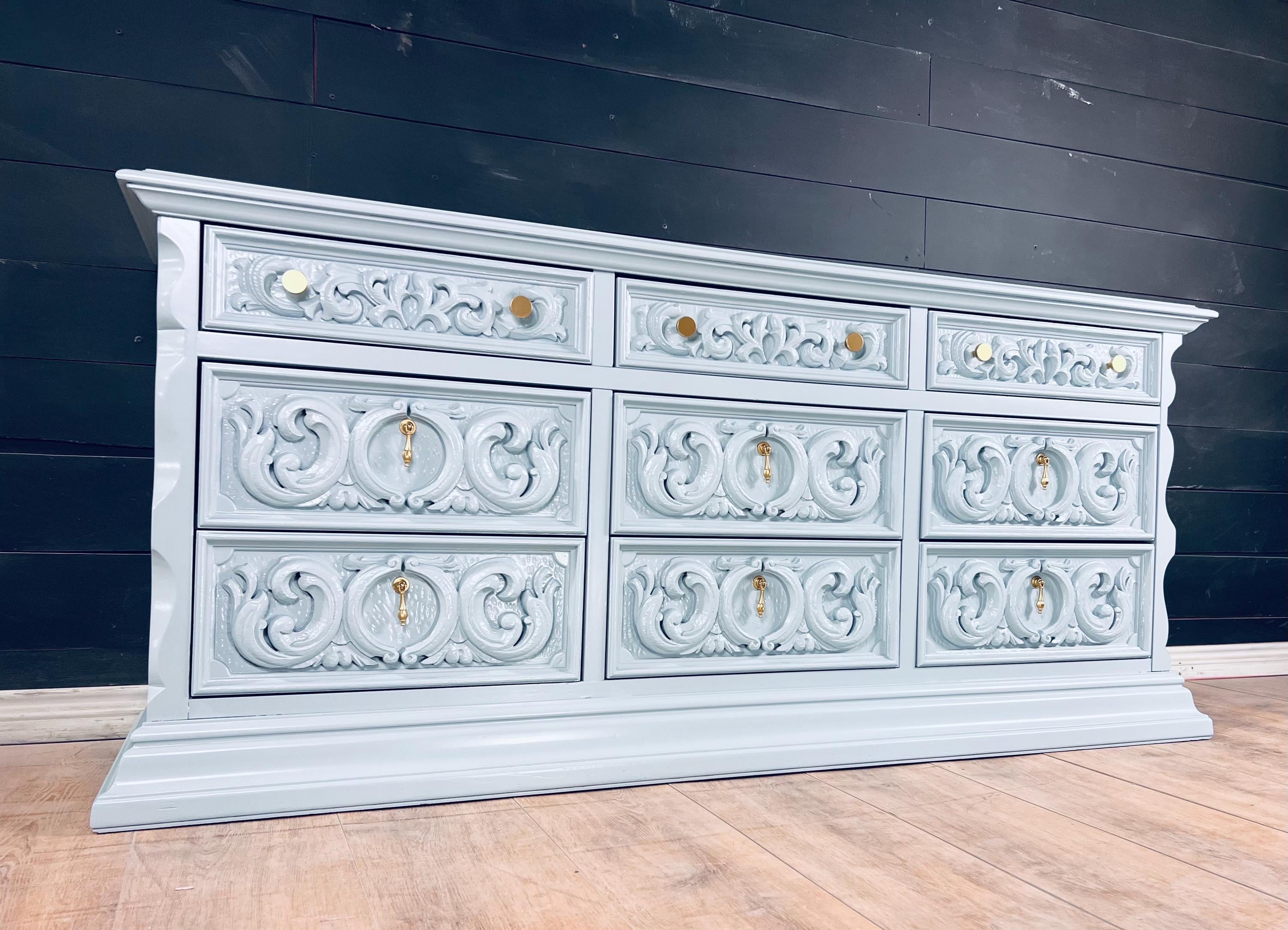 Available! Dresser ornate Credenza 9 drawer dresser solid wood bedroom blue gray dresser Mediterranean style customizable color