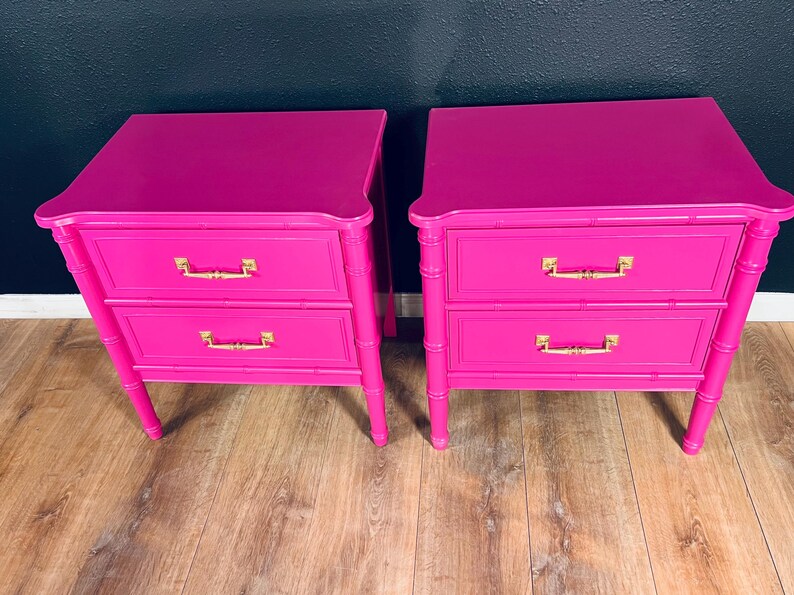 Available! Hot Pink Bamboo Bali Hai Nightstand Set Pair End Tables ...