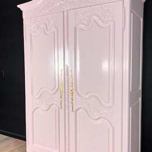 Light pink Extra Large French Armoire Wardrobe with 2 options adjustable shelves or hang clothing solid wood antique color is customizable