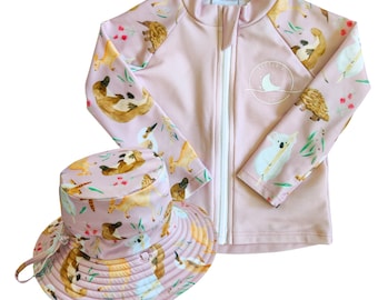 Long Sleeve Rashie & Reversible Swim Hat Combo - Aus Animals (pink)