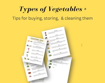 Tipos de vegetais + dicas para comprar, armazenar e limpar pacotes para impressão, tipos de vegetais, cozinhar vegetais, guia de vegetais, pdfs