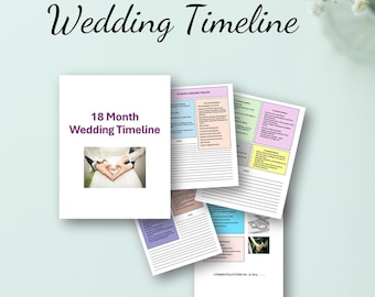 May include: A printable 18-month wedding timeline checklist with a pink, blue, and yellow color scheme. The checklist includes sections for planning the wedding, the ceremony, the reception, and the honeymoon. The checklist also includes a section for congratulations messages.