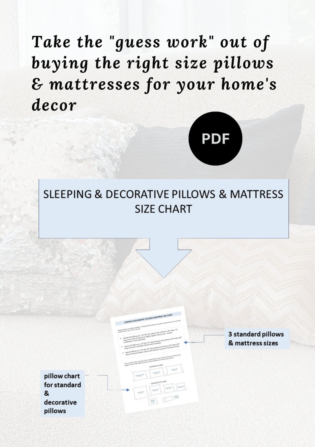 Pillow Size Chart Standard Pillows Size Chart Mattress Size Etsy
