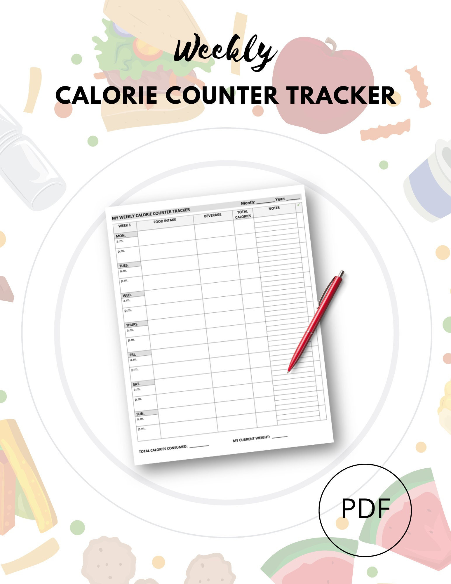 Weekly Calorie Counter Tracker, Calorie Tracker, Calorie Tracker