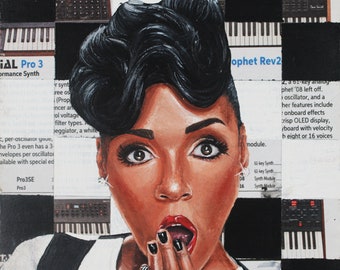 May include: A collage of images featuring a woman with a surprised expression, a black and white keyboard, and text about synthesizers. The text includes the words "Prophets Rev2", "Synths", and "61-key Synth".
