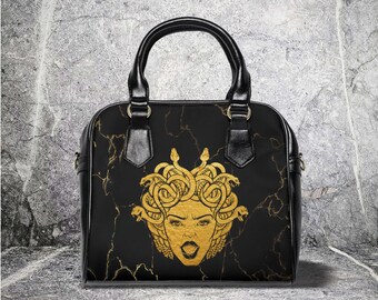 Medusa black and gold marble Shoulder Handbag, Medusa, Pagan Clothing, Wiccan Clothing, Novelty Purse, Vegan Shoulder Bag, Goth Purse
