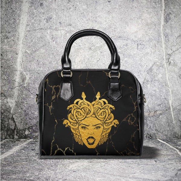 Medusa black and gold marble Shoulder Handbag, Medusa, Pagan Clothing, Wiccan Clothing, Novelty Purse, Vegan Shoulder Bag, Goth Purse
